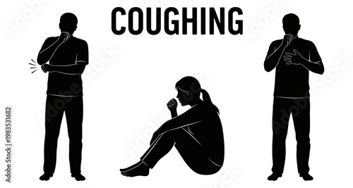 Silhouettes of people coughing in various poses during the flu season