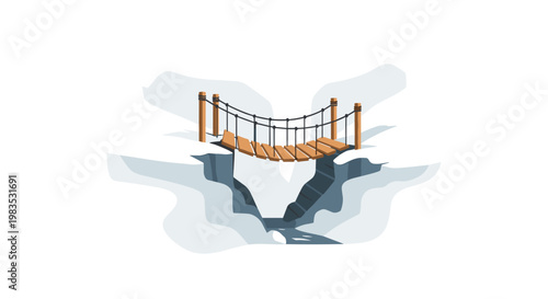 A rustic wooden suspension bridge with sturdy rope railings spans across a treacherous icy chasm featuring soft blue shadows and pristine white snow.