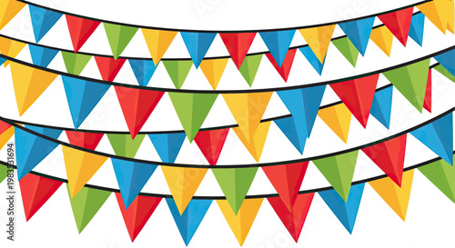 Colorful triangular flags strung on black cords against a white background