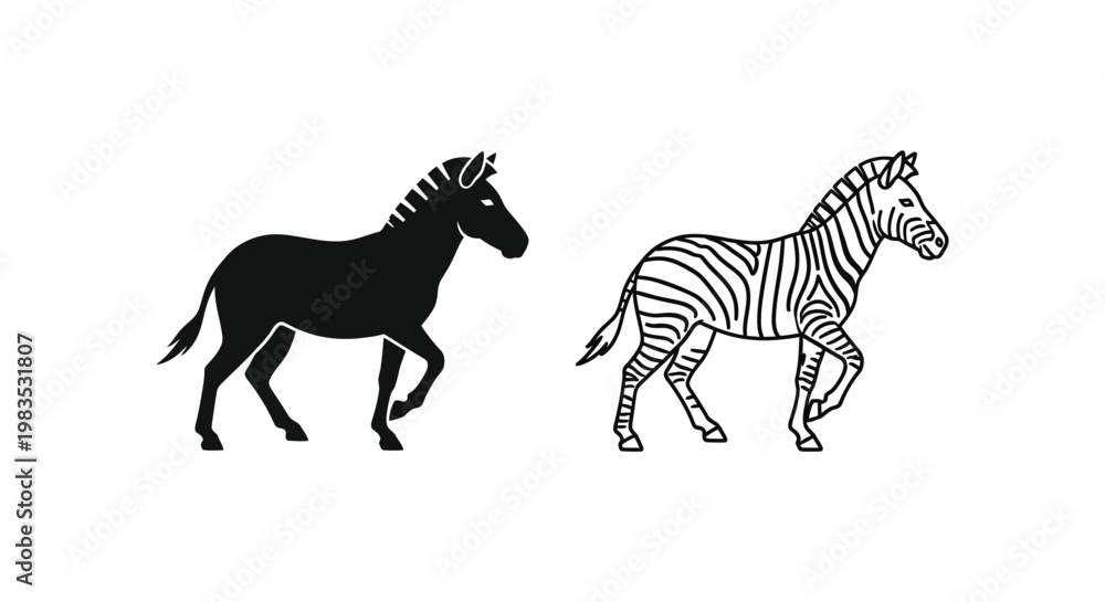Fototapeta premium Zebra vs Horse: Unique Black and White Animal Designs Vector