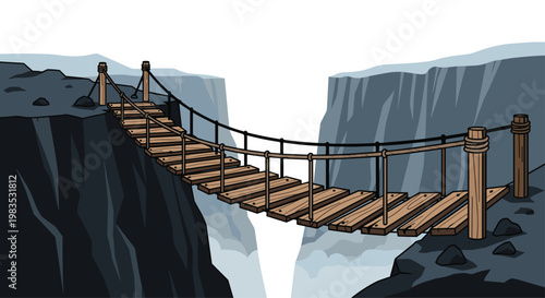 A meticulous wooden suspension bridge with thick ropes hangs precariously over a deep dark rocky canyon featuring vertical cliffs and soft misty clouds.
