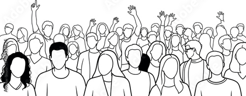 Crowd of diverse people standing together with many individuals raising their hands up in the air to show unity and celebrate a happy event during a public gathering in a city