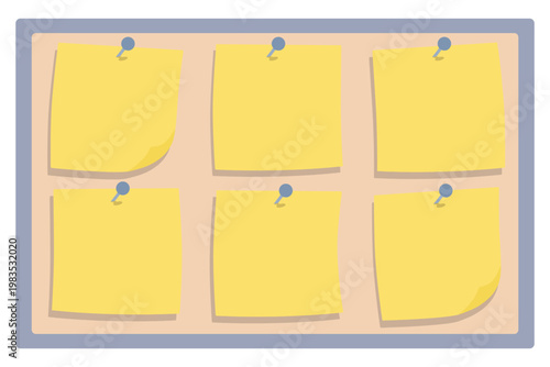 Bulletin Board with Blank Yellow Sticky Notes and Push Pins
