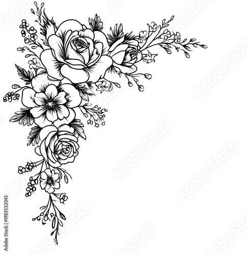 Elegant black and white floral corner design featuring roses and smaller blooms