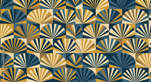 Geometric fan pattern in mustard, navy, and cream colors