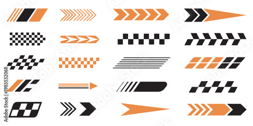Racing cars and race car stripes icon set, motorsport checkered flag and finish line symbols, dynamic speed graphics, automotive branding vector set