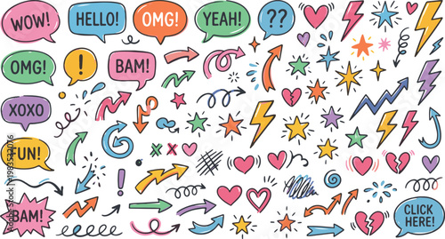 Trendy comic style pop art doodles stickers for social media and design