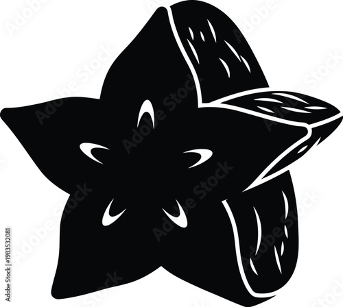 A black and white drawing of a starfruit