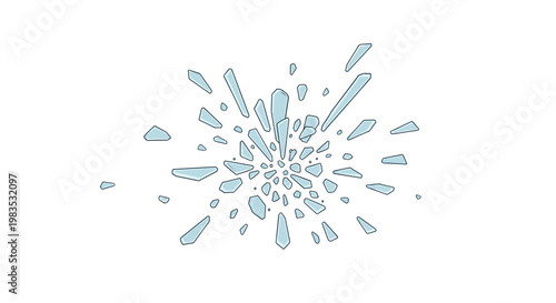 A dynamic explosion of numerous small blue tinted glass shards radiates outward from a central point creating a chaotic and energetic radial pattern effect.