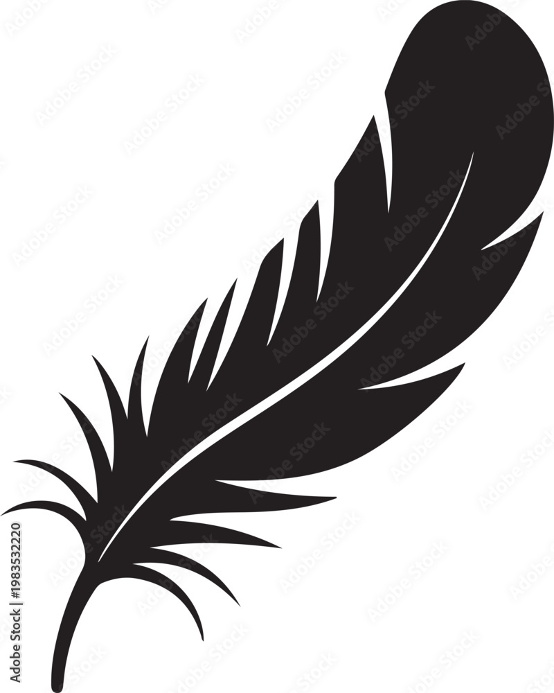 Fototapeta premium Black Feather Silhouette Against White Background outline