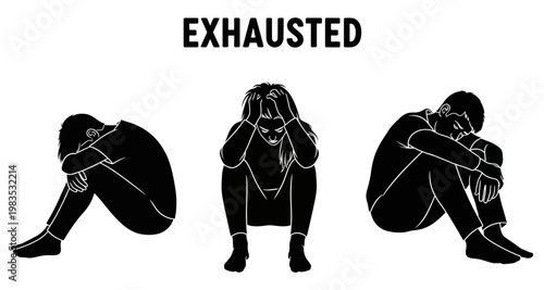 Silhouettes of people in poses of exhaustion and despair against a white background