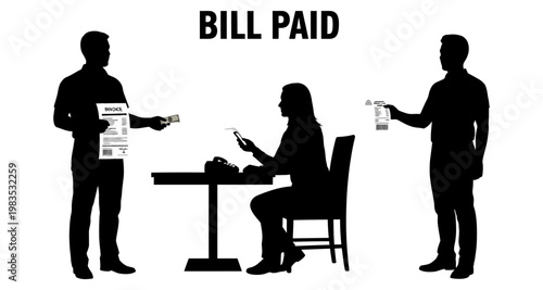 Silhouettes of people interacting over a bill during a transaction