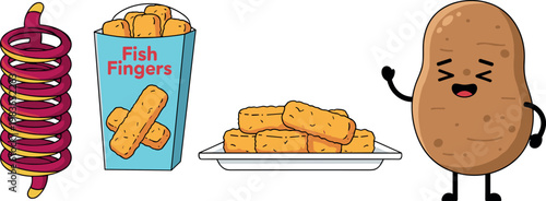 Fish fingers snack pack with fried pieces and cute potato character vector illustration fast food and cartoon design set