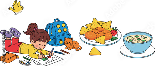 Cute girl drawing with backpack and cat alongside snacks and soup vector illustration kids lifestyle food and education concept set