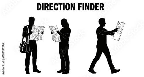 Silhouettes of people looking at maps during travel planning and navigation