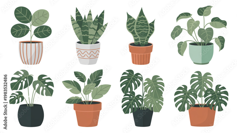 Fototapeta premium Assorted potted plants displayed in a variety of containers for indoor decoration Vector