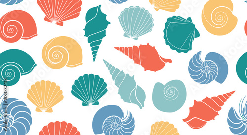 Colorful seashells scattered on a white background