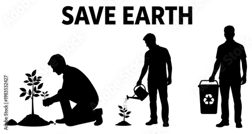 Silhouettes of people planting watering and collecting waste for environmental conservation