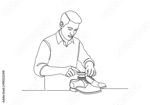 Man polishing shoe with brush minimal line art illustration