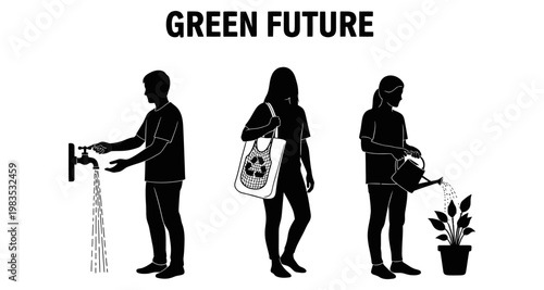 Silhouettes of people practicing eco-friendly habits for a sustainable planet