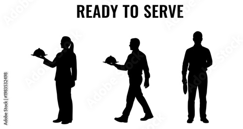 Silhouettes of people ready to serve food on trays with white background
