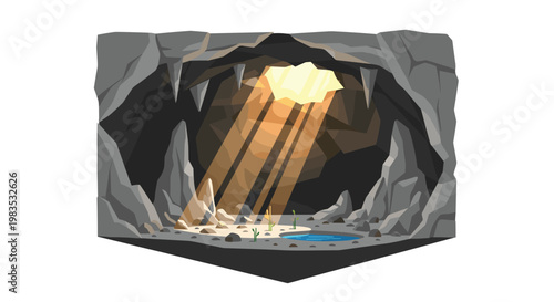 A rugged grey stone cave with sharp stalactites features a central opening where intense beams of sunlight illuminate a small blue pond and green plants.