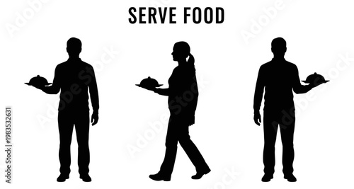 Silhouettes of people serving food on plates with white background