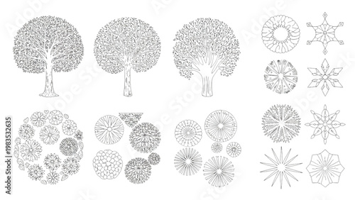 Intricate geometric patterns of interconnected circular and floral designs in black and white Vector