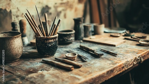 A potter's workspace filled with tools and clay objects, evoking the artistic process and creative environment.