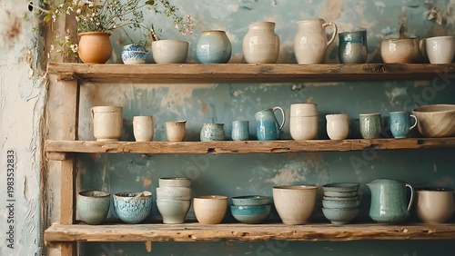 A collection of ceramic pottery arranged neatly on wooden shelves in front of a blue wall. The pottery includes a variety of jars, cups, and vases in different shapes, sizes, and colors.