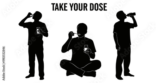 Silhouettes of people taking medication or supplements in different poses during the day