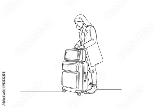 Woman traveling with luggage stacking bags minimal line art