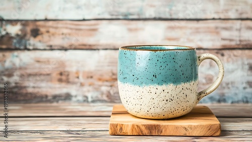A close-up view of a ceramic mug, with a two-tone design, sits on a wooden coaster. The background features rustic wood paneling. This image could evoke a sense of warmth and comfort.