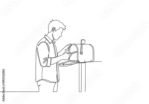 Man placing letter into mailbox minimal line art illustration