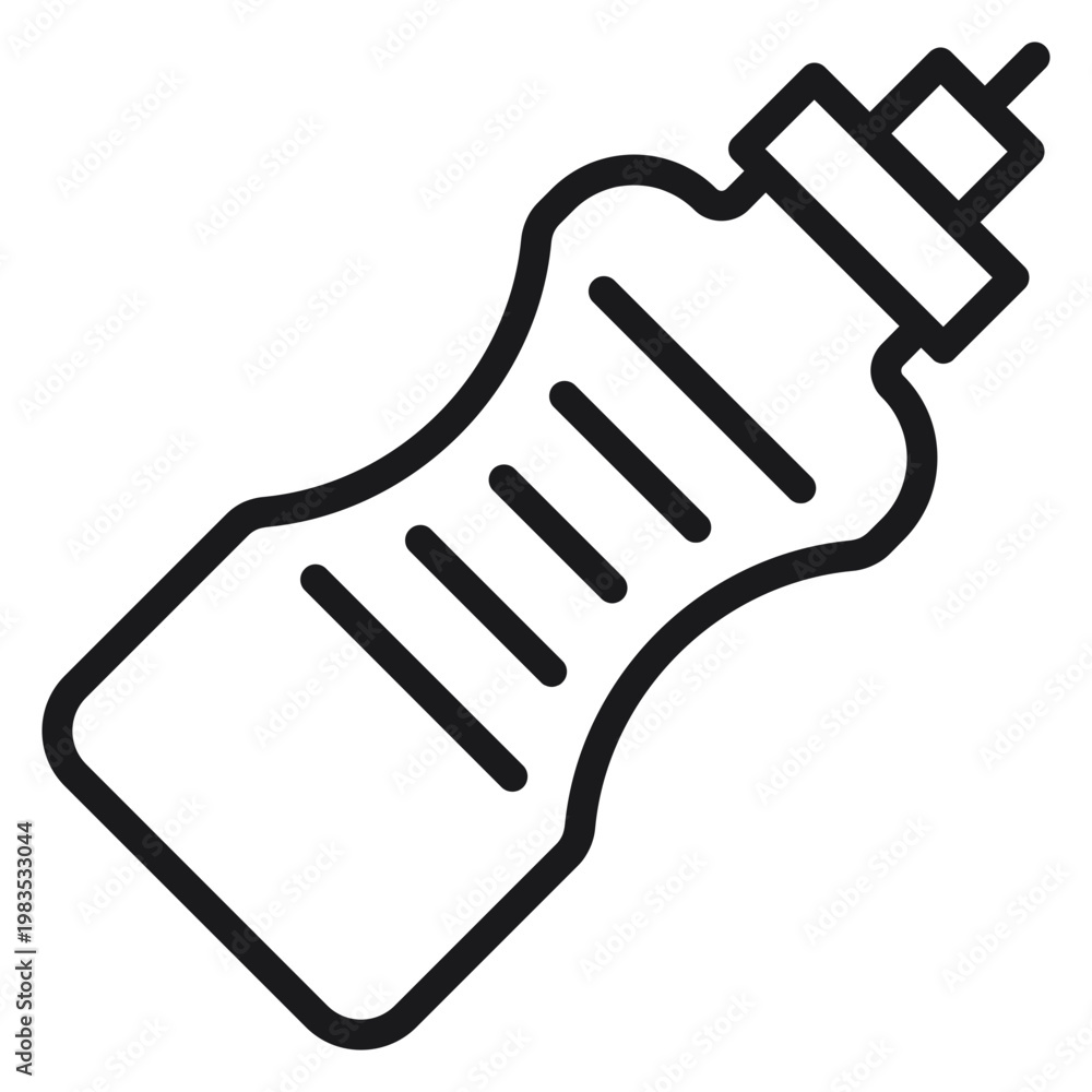 Obraz premium Black line art vector icon of a sports water bottle or fitness shaker, minimalist illustration of a plastic squeeze bottle for hydration, gym equipment symbol isolated on white background.