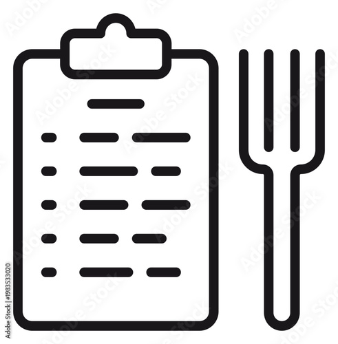Minimalist black line vector icon of a food menu or meal plan featuring a clipboard with a checklist and a fork symbol, perfect for restaurant, nutrition, diet, and healthy eating concepts.