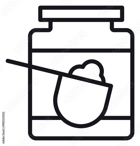 Protein powder supplement jar with scoop vector icon. Minimalist black line illustration of a fitness nutrition container for bodybuilding, health, and sports supplements. Scalable graphic symbol.