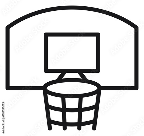 Minimalist black line vector icon illustration of a basketball hoop with backboard and net, symbol for sports, athletic competition, and recreation, scalable graphic isolated on white background.
