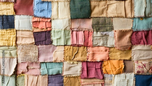 Close-up view of a vibrant patchwork quilt made with a variety of fabrics and colors. Each patch of fabric is unique, with different textures and shades.