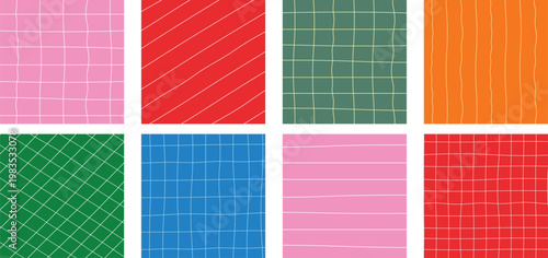 Abstract Line Pattern Set. Vector Notebook Paper Stripes Background. Hand Drawn School Grid Seamless Texture. Cute Wavy Line Checker Pattern.