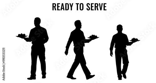Silhouettes of waiters holding trays with food in different poses against a white background