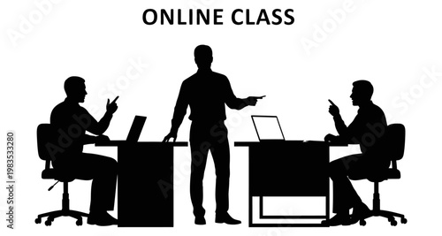 Teacher instructing students during an online class with laptops