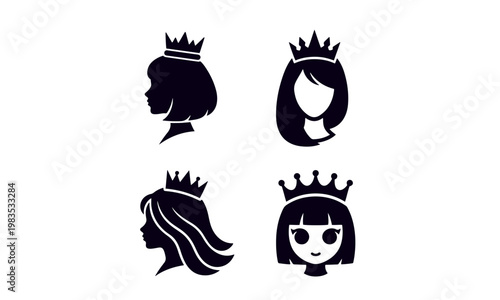 Elegant Girl Head Crown Symbol black and white Vector Design