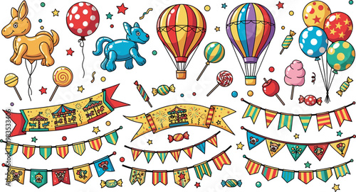 Colorful carnival festival vector set with balloons hot air balloons banners flags candies animals festive decoration elements collection