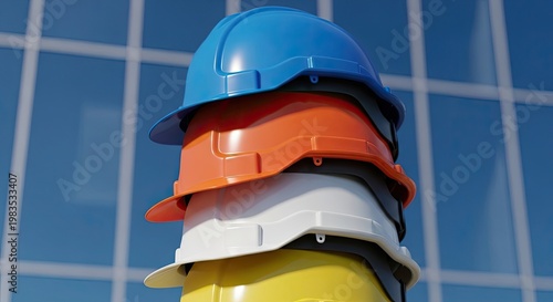 Stack of colorful construction hard hats in front of a blue glass building hardhat safety helmet