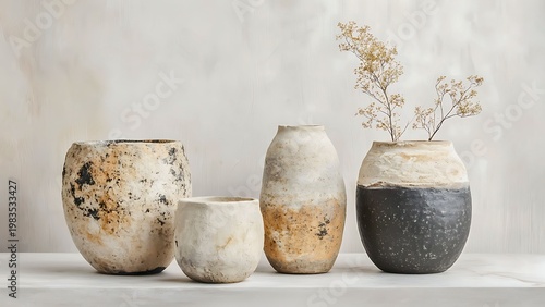 An artistic arrangement of four decorative vases, offering a touch of rustic elegance. One of them holds a sprig of dried flowers. They showcase unique textures and designs.
