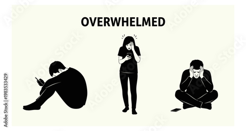 Three people experiencing overwhelming emotions in silhouette against a plain background