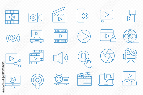 Audio and Video web icons in line style. Cinema  speaker  online  picture  play button  music  collection. Editable stroke. Vector illustration