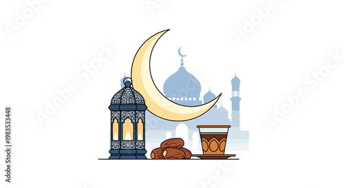 A large glowing yellow crescent moon rises behind a decorative blue lantern, a plate of dates, and a glass of tea against a faint mosque silhouette.