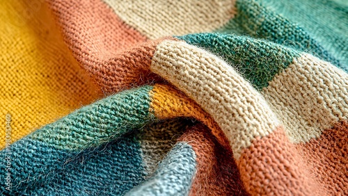 Close-up of a cozy, hand-knitted blanket featuring multiple colors, folds, and textures